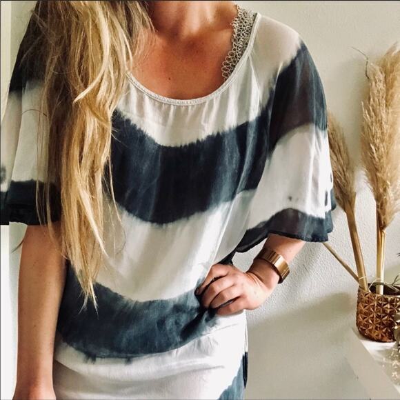 GYPSY 05 REVOLVE Navy Blue White Silk Tie Dye Stripe Dolman Sleeve Tunic Dress S - Picture 4 of 7